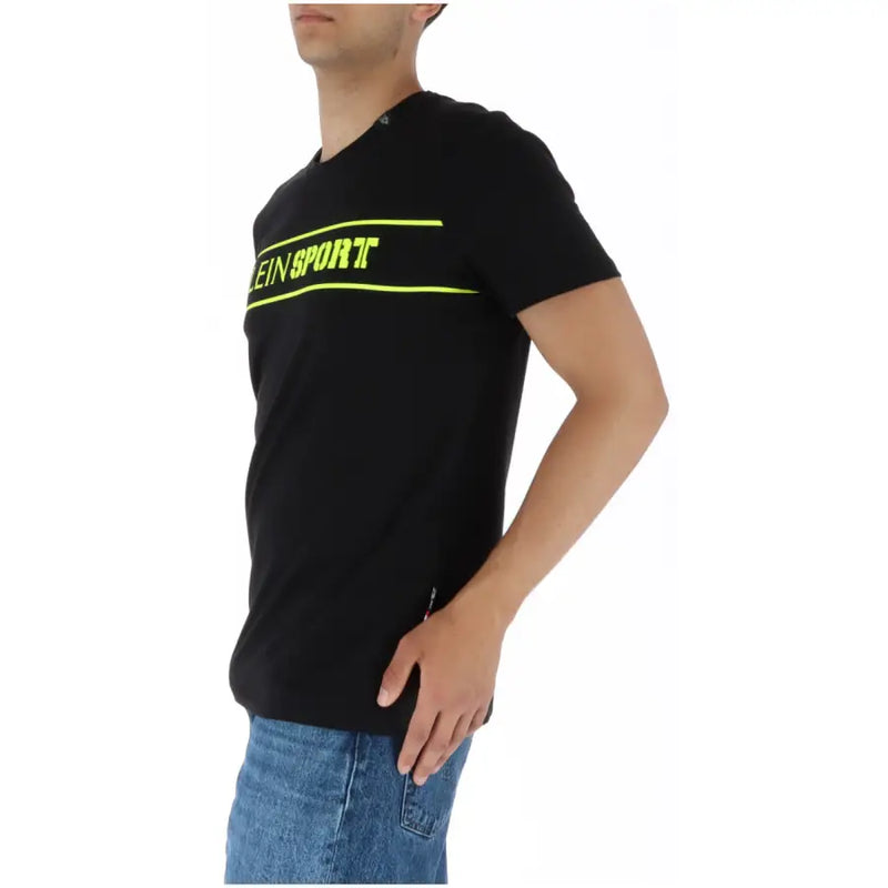 Plein Sport men’s black printed t-shirt with neon yellow calvin klein sport lettering and horizontal stripe