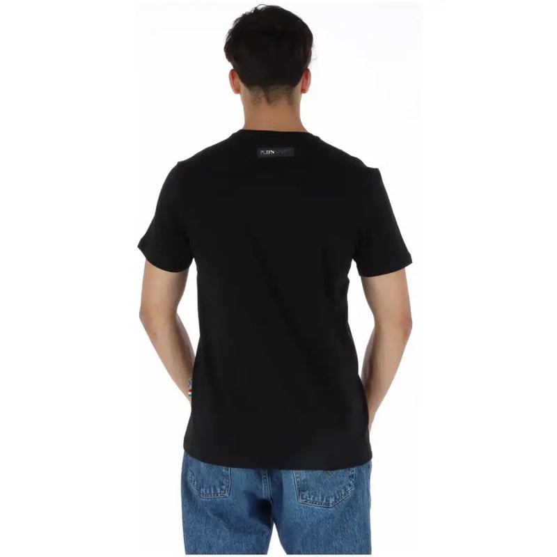 Plein Sport men’s black printed t-shirt featuring a subtle Calvin Klein logo tag at the neckline