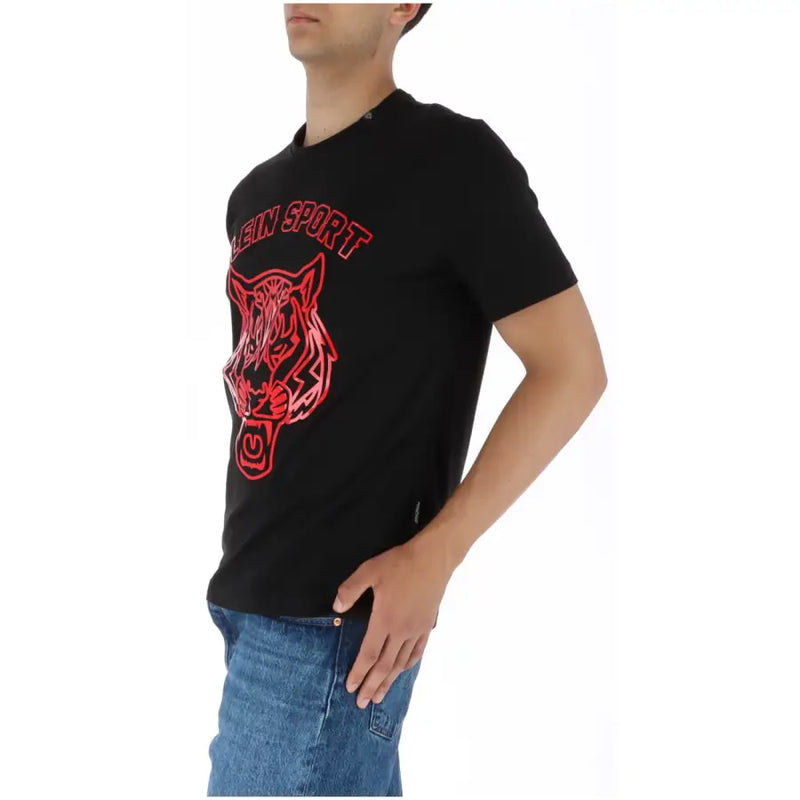Plein Sport men’s black round neck t-shirt featuring a bold red tiger graphic with intricate detailing