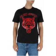 Plein Sport men’s black round neck t-shirt featuring a bold red tiger graphic with Plein Sport logo above