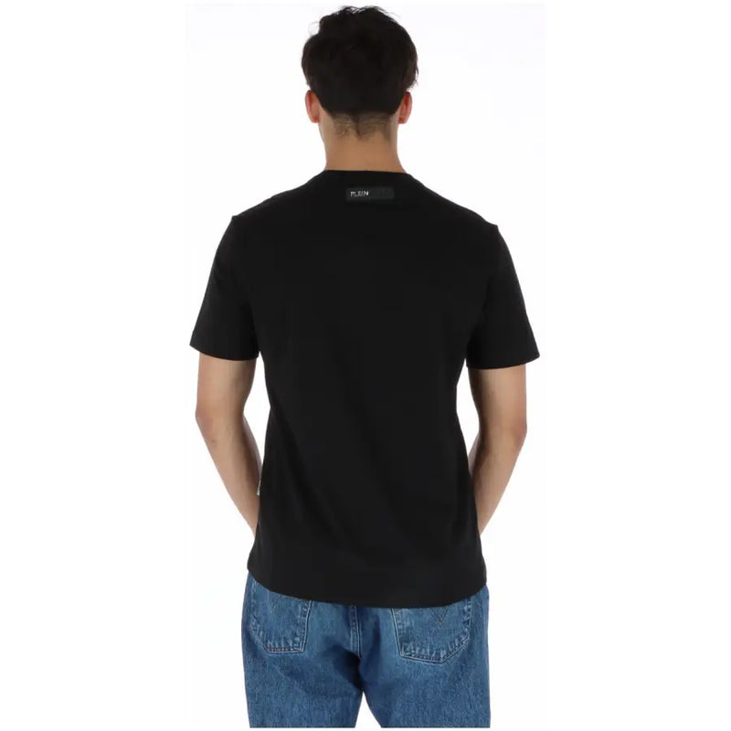 Plein Sport men’s black round neck t-shirt with short sleeves and a subtle peace label at the neckline