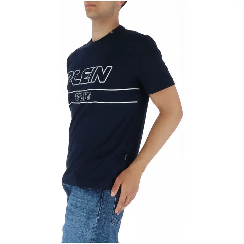 Navy blue Plein Sport men’s short sleeve t-shirt with white logo and horizontal stripe design in breathable fabric