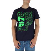 Navy blue Plein Sport men’s round neck short sleeve t-shirt with bold neon green p.s. graphic print