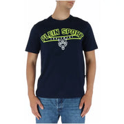 Plein Sport men’s navy blue cotton t-shirt with neon yellow and white tiger logo printed graphic design