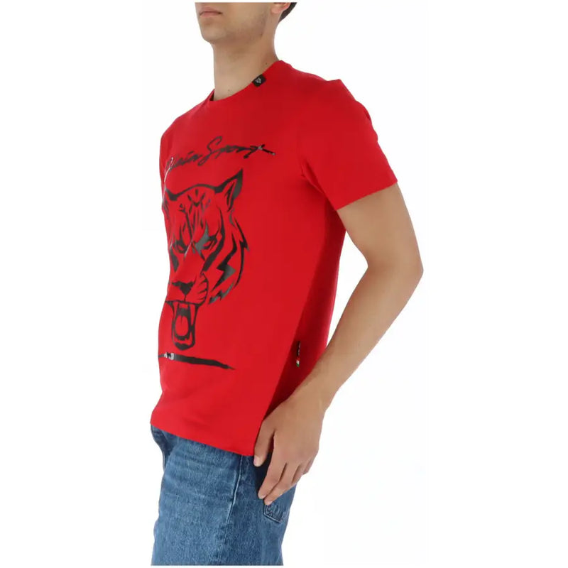 Plein Sport men’s red short sleeve t-shirt with bold black tiger graphic and puma sport branding in cotton blend