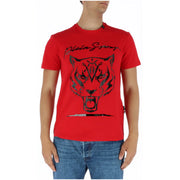 Plein Sport men’s red short sleeve t-shirt with bold black tiger graphic and plein sport branding in cotton material