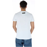 Back side of plein sport men’s white cotton blend round neck t shirt with black rectangular plein label at the neck
