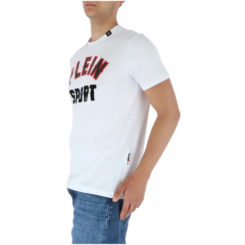 Plein Sport men’s white cotton t-shirt with red and black plein sport print on the chest