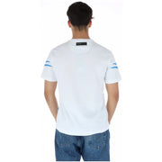 Plein Sport men’s white cotton short-sleeve t-shirt with light blue graphic sleeve stripes and black brand tag neckline