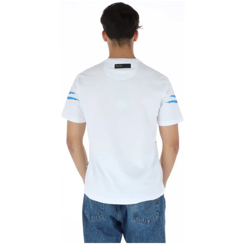 Plein Sport men’s white cotton short-sleeve t-shirt with light blue graphic sleeve stripes and black brand tag neckline