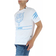 Plein sport men’s white cotton short-sleeve t-shirt with blue tiger head graphic and import text below