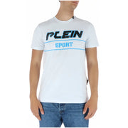 Plein Sport men’s white short sleeve t-shirt with bold black and light blue graphic lettering on chest