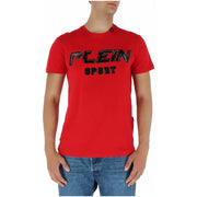 Plein Sport red short sleeve round neck men’s t-shirt with black textured plein sport logo across the chest