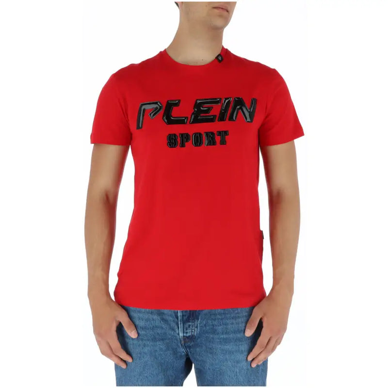 Plein Sport red short sleeve round neck men’s t-shirt with black textured plein sport logo across the chest