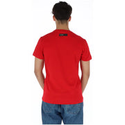 Red calvin klein t-shirt with a black label at the neckline featured in the plein sport red printed mens short sleeve tee