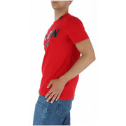 Pleinsport red calvin klein printed short sleeve round neck men’s t-shirt with bold black and white chest lettering