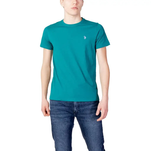 Teal US Polo Assn men green crew neck t-shirt with small white embroidered logo for spring and summer wear