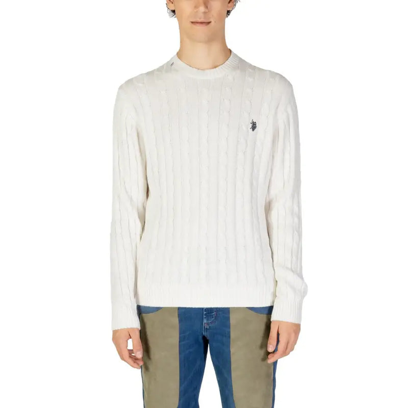 US Polo Assn mens white cable knit sweater with small embroidered logo made from soft cotton cashmere blend