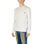 Us polo assn mens white ribbed knit sweater with small embroidered logo made of soft cotton cashmere blend