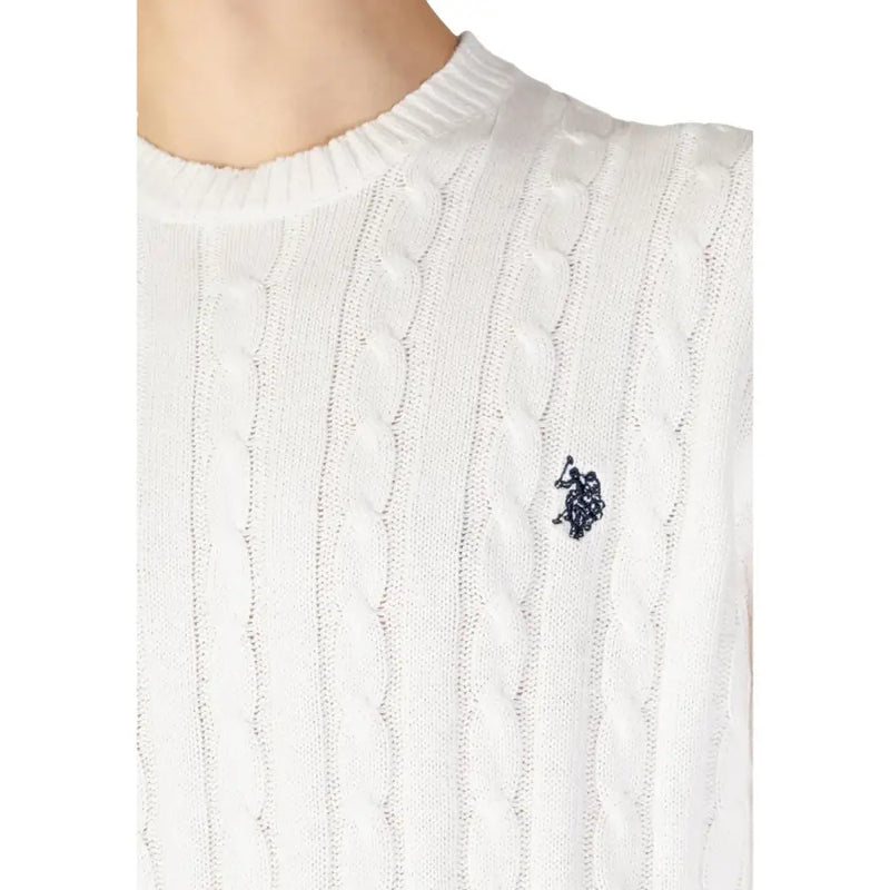 Us polo assn mens white cable knit sweater with navy blue embroidered logo made from soft cotton cashmere blend