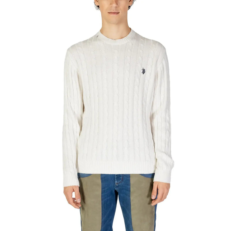 US Polo Assn mens white cable knit sweater with small embroidered logo made from soft cotton cashmere blend