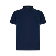 Navy blue polo shirt with white logo and collar, ralph lauren brand.
