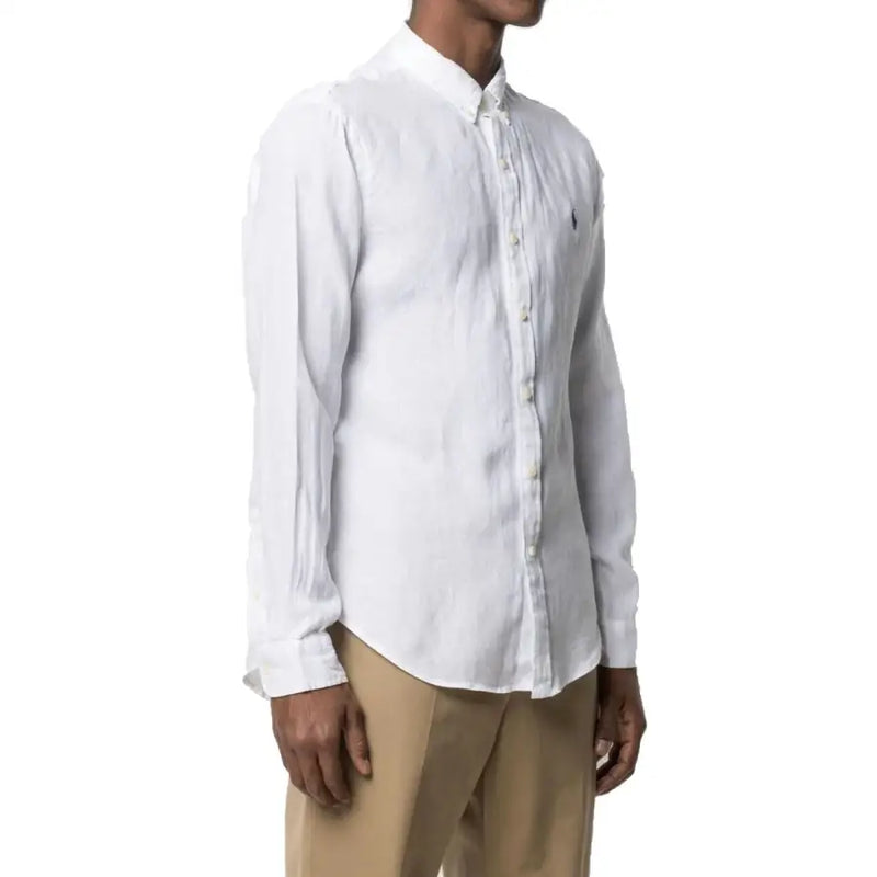 Men’s white linen long sleeve button-up shirt with collar from Polo Ralph Lauren