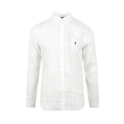 Men’s white linen long-sleeve button-down shirt with Polo Ralph Lauren pony logo