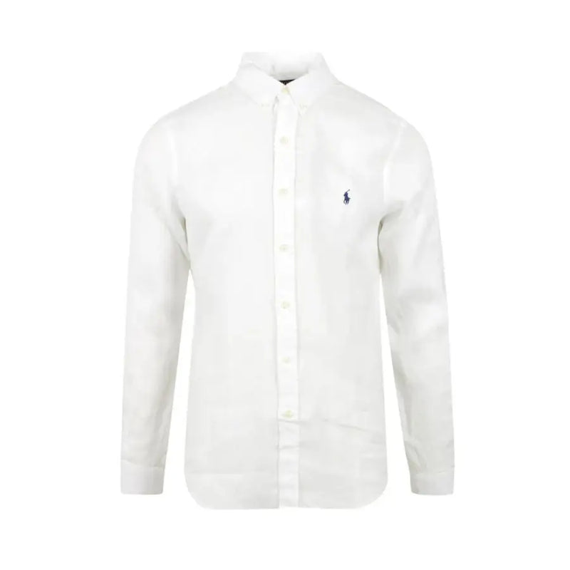 Men’s white linen long-sleeve button-down shirt with Polo Ralph Lauren pony logo