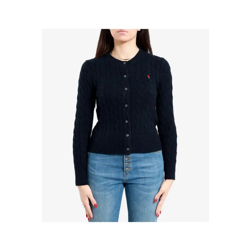 Black cable knit cardigan with red embroidered logo on left chest by polo ralph lauren women blue cotton cardigan