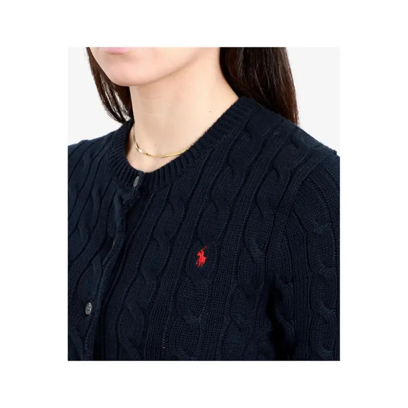 Navy blue cotton cable-knit cardigan with red embroidered polo player logo on left chest by Polo Ralph Lauren women