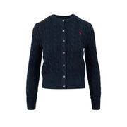 Navy blue cotton cable-knit cardigan with silver buttons and red embroidered logo on left chest by Polo Ralph Lauren