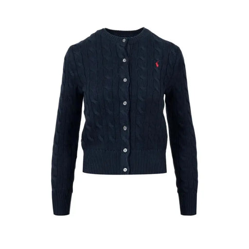 Navy blue cotton cable-knit cardigan with silver buttons and red embroidered logo on left chest by Polo Ralph Lauren