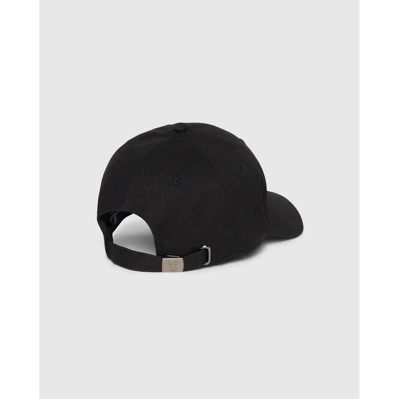Psycho Bunny men baseball cap black cotton with adjustable strap featuring metallic silver buckle back view