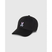 Psycho bunny men baseball cap black cotton featuring white embroidered bunny skull and crossbones with pink ears