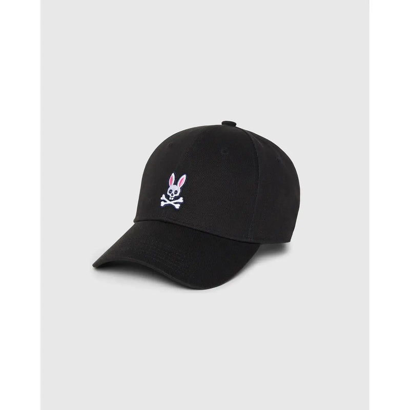 Psycho bunny men baseball cap black cotton featuring white embroidered bunny skull and crossbones with pink ears