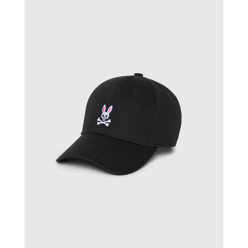 Schwarze Baseballkappe für Herren mit Psycho-Bunny-Motiv aus Baumwolle, verziert mit einem weißen, gestickten Hasenschädel und gekreuzten Knochen sowie rosa Ohren.
