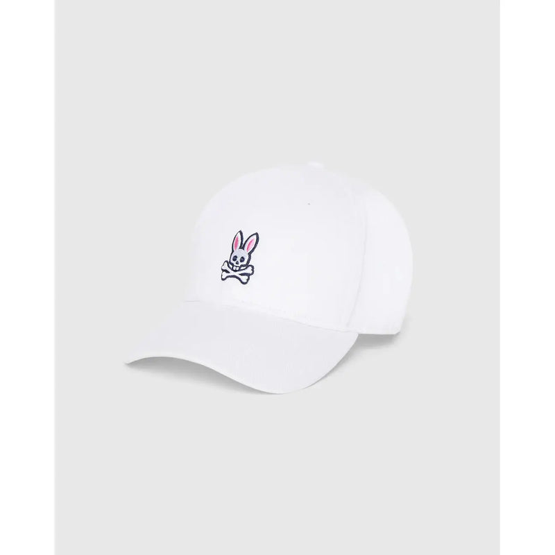Psycho Bunny men baseball cap in white cotton with adjustable size and embroidered bunny skull logo with pink ears