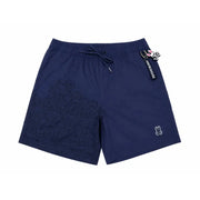 Psycho bunny men blue polyester swim trunks featuring embossed rabbit pattern and embroidered logo near hem