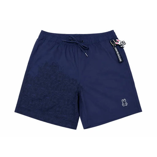 Psycho bunny men blue polyester swim trunks featuring embossed rabbit pattern and embroidered logo near hem