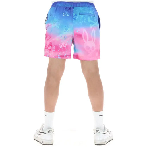 Psycho bunny men pink polyester swimwear with blue and pink gradient skull and bunny graphics and pockets