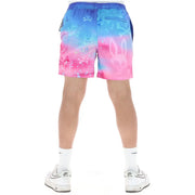 Psycho bunny men pink polyester swimwear with blue and pink gradient skull and bunny graphics and pockets