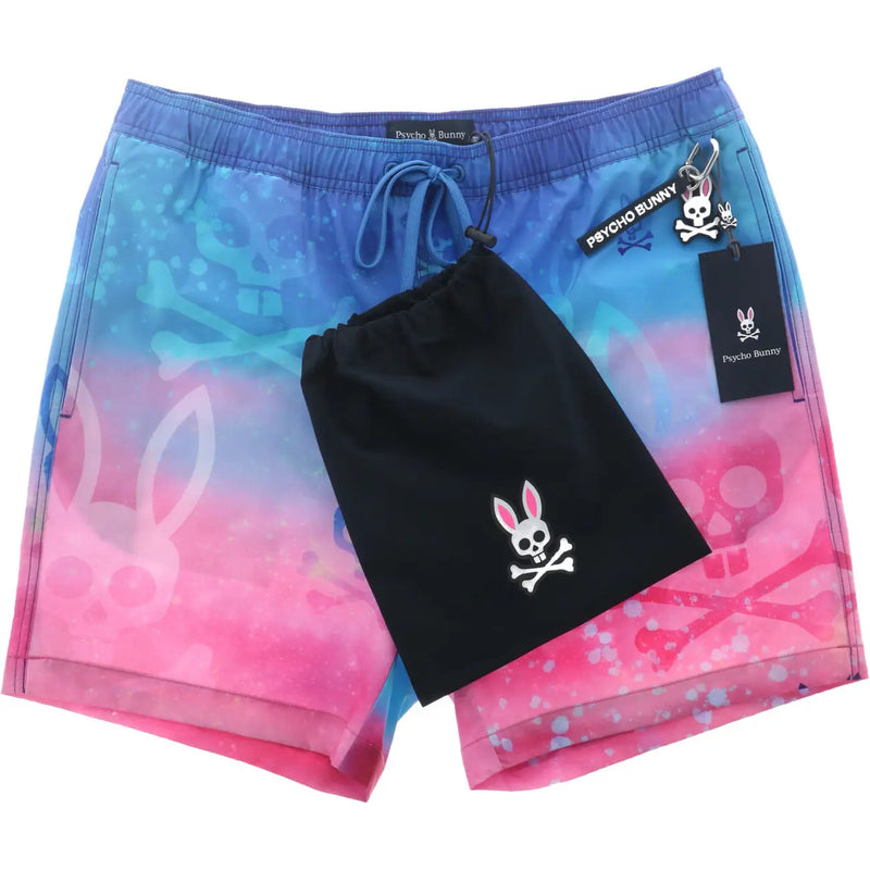 Psycho bunny men pink polyester swim trunks with blue to pink gradient and skull bunny motifs made of lightweight fabric