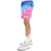 Psycho bunny men pink polyester swimwear featuring vibrant gradient trunks with bold skull crossbones and white bunny motifs