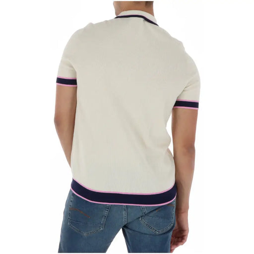 Cremefarbenes Herren-Polohemd mit Psycho-Bunny-Motiv, beigefarben, kurzärmelig, gerippt, aus Baumwolle mit marineblauen und rosafarbenen Borten