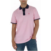 Psycho Bunny men polo shirt pink short sleeve cotton with navy blue collar and embroidered bunny logo on chest