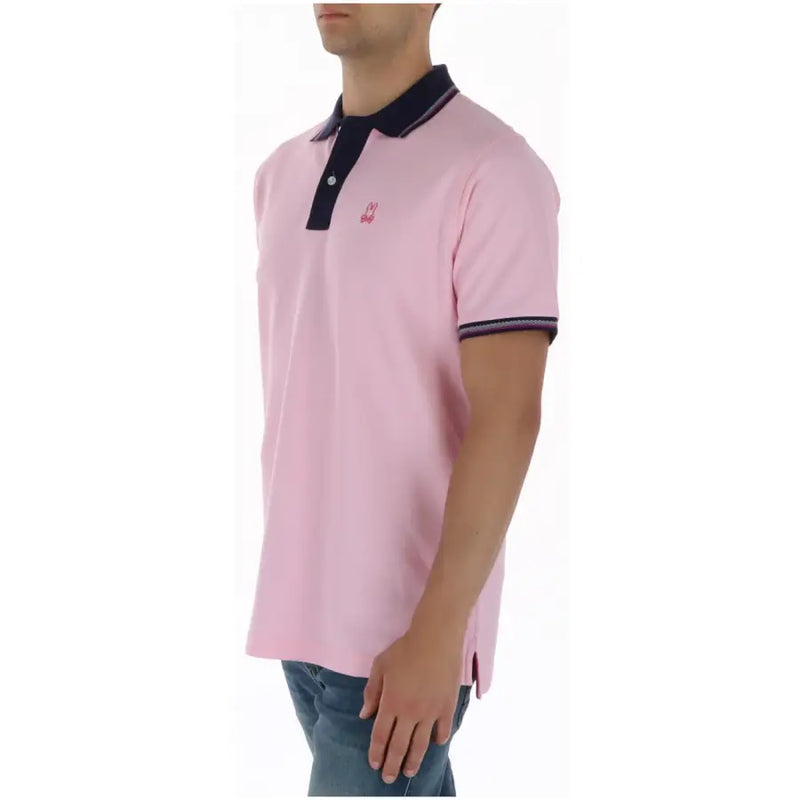 Pink psycho bunny men polo shirt with navy collar and sleeve trim made of short sleeve cotton mt0100120