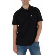 Psycho Bunny men polo short sleeve black cotton shirt with white embroidered rabbit and skull logo on left chest