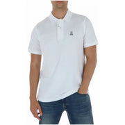 White short-sleeved cotton polo shirt with embroidered rabbit logo on the left chest by psycho bunny