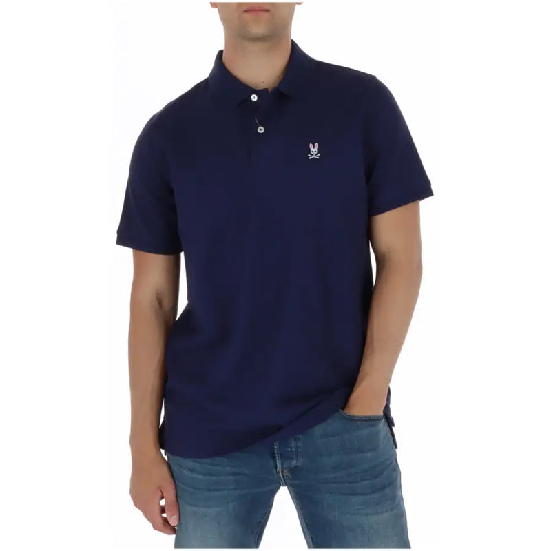 Navy blue psycho bunny men polo short sleeve cotton shirt with white embroidered rabbit and skull logo on left chest